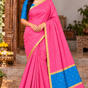 Elegant Pink & Blue Linen Cotton Saree with Zari Borders and Tassels