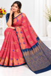 Party Wear Cotton Saree Pink & Navy Blue with Zari Weaving