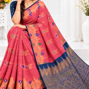 Party Wear Cotton Saree Pink & Navy Blue with Zari Weaving