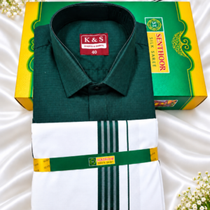 Senthoor Tex Premium Cotton Dhoti & Shirt Off Hand – Bottle Green