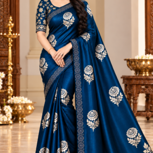 Luxury Space Silk Saree in Royal Navy Blue with Silver Floral Zari Work