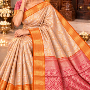 Golden Beige Banarasi Tissue Soft Saree with Orange Zari Border