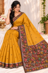 Mustard Yellow Cotton Saree - Floral Printed Border