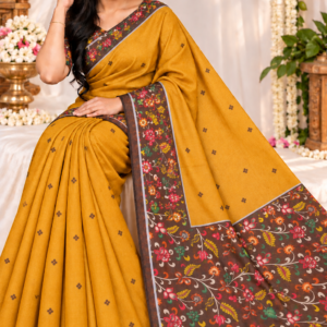 Mustard Yellow Cotton Saree - Floral Printed Border