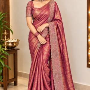 Royal Antique Pink & Gold Designer Space Silk Saree with Intricate Stone Work