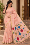 Elegant Peach Multi-Color Floral Linen Cotton Saree with Zari Border