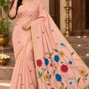 Elegant Peach Multi-Color Floral Linen Cotton Saree with Zari Border