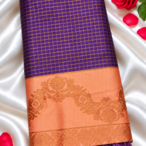 Insta Trend Purple Soft Silk Saree with Zari Grid Checks & Peach Border