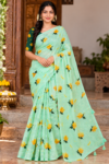 file_000000005ea881f7b7122ef7554a6666 (1) Refreshing Mint Green & Yellow Floral Print Linen Cotton Saree with Tassels