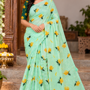 Refreshing Mint Green & Yellow Floral Print Linen Cotton Saree with Tassels