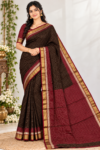 Elegant Dark Chocolate Brown & Maroon Banarasi Cotton Saree with Zari Checkered Pattern