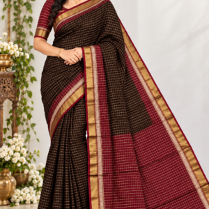 Elegant Dark Chocolate Brown & Maroon Banarasi Cotton Saree with Zari Checkered Pattern