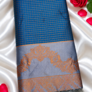 Insta Trend Peacock Blue Soft Silk Saree with Zari Grid Checks & Slate Grey Border
