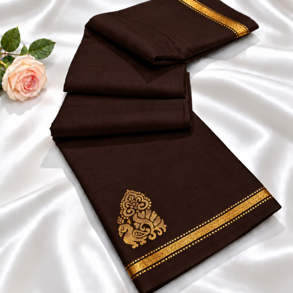 Premium Deep Coffee Brown Aarani Soft Silk Saree with Zari Peacock Motif