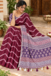 Elegant Wavy Linen Cotton Saree Wine & Lavender