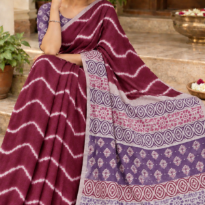 Elegant Wavy Linen Cotton Saree Wine & Lavender