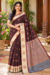 Cottanchi Soft Silk Saree with Floral Motif Border and Rich Zari Pallu - Dark Brown & Cream with Grey Pallu