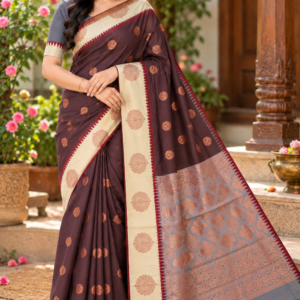 Cottanchi Soft Silk Saree with Floral Motif Border and Rich Zari Pallu - Dark Brown & Cream with Grey Pallu