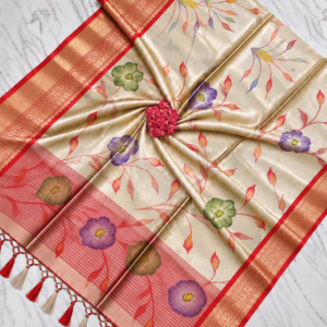 Golden Beige Banarasi Soft Digital Tissue Saree with Purple Floral Prints & Red Zari Border