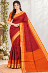 Striking Crimson Red & Mango Orange Banarasi Cotton Saree with Zari Checkered Pattern