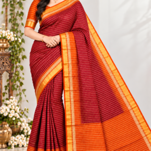 Striking Crimson Red & Mango Orange Banarasi Cotton Saree with Zari Checkered Pattern