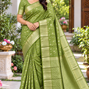 Elegant Olive Green Soft Silk Saree with Rich Gold Zari Border & Pallu