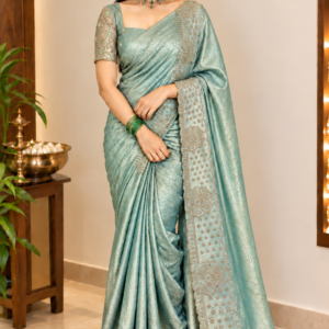 Royal Sea Green Designer Space Silk Saree with Intricate Stone Work