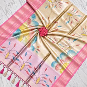 Golden Beige Banarasi Soft Digital Tissue Saree with Pink Zari Border
