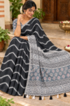 Elegant Wavy Linen Cotton Saree Charcoal Grey & Light Grey