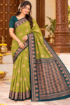 Elegance Party Wear Cotton Saree Olive Green & Teal Blue Zari Weaving