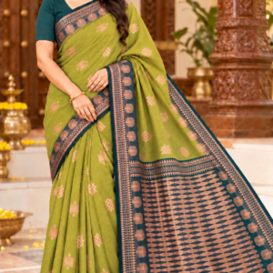 Elegance Party Wear Cotton Saree Olive Green & Teal Blue Zari Weaving