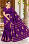 Royal Deep Violet Aarani Soft Silk Saree with Zari Peacock Motif Pallu