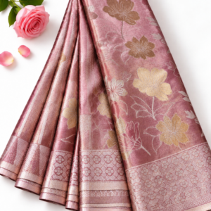 Elegant Rose Pink Tissue Pattu Saree with Floral Zari Weaving
