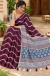 Elegant Wavy Linen Cotton Saree - Purple & Blue