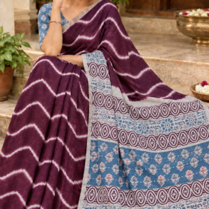 Elegant Wavy Linen Cotton Saree - Purple & Blue