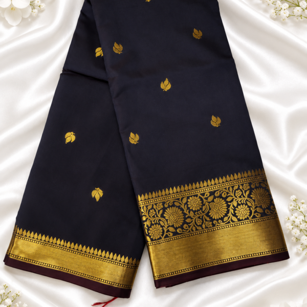 Trending Coffee Brown Banarasi Silk Saree with All-Over Gold Zari Leaf Buttas and Grand Floral Border