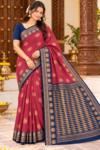 Elegance Party Wear Cotton Saree Rose Pink & Navy Blue With Zari Weaving