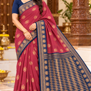 Elegance Party Wear Cotton Saree Rose Pink & Navy Blue With Zari Weaving