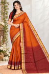 Vibrant Mustard Orange & Maroon Banarasi Cotton Saree with Zari Checkered Pattern