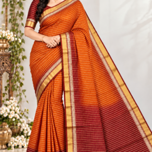 Vibrant Mustard Orange & Maroon Banarasi Cotton Saree with Zari Checkered Pattern
