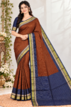 Elegant Rust Brown & Royal Blue Banarasi Cotton Saree with Zari Checkered Pattern