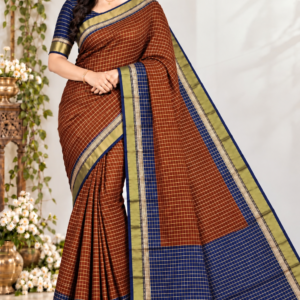 Elegant Rust Brown & Royal Blue Banarasi Cotton Saree with Zari Checkered Pattern