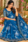 Luxury Space Silk Saree in Ocean Blue with Silver Abstract Tree Motifs & Scallop Cutwork Border