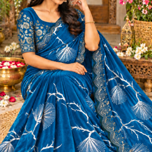 Luxury Space Silk Saree in Ocean Blue with Silver Abstract Tree Motifs & Scallop Cutwork Border