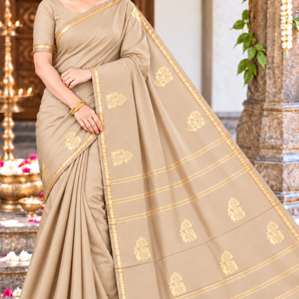 Elegant Beige Cream Aarani Soft Silk Saree with Zari Peacock Motif Pallu