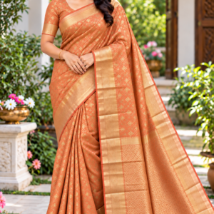 Elegant Rust Orange / Copper Soft Silk Saree with Rich Gold Zari Border & Pallu