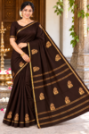 Premium Deep Coffee Brown Aarani Soft Silk Saree with Zari Peacock Motif