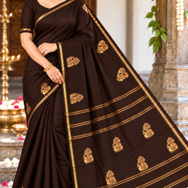 Premium Deep Coffee Brown Aarani Soft Silk Saree with Zari Peacock Motif