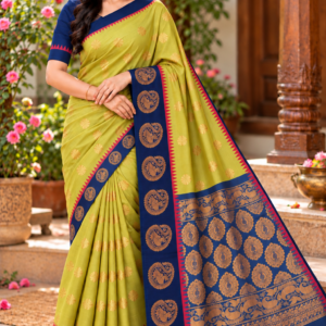 Cottanchi Soft Silk Saree with Peacock Motif Border and Rich Zari Pallu - Olive Green & Navy Blue