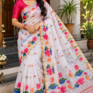 Pure-White Linen Cotton Saree with Woven Lotus Floral Motifs and Gold Zari Border